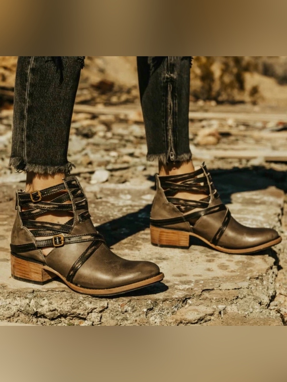 Freebird by Steven Olive Brown Strappy Cutout Ankle Booties